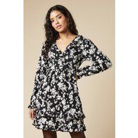 Womens Petite Mono Ditsy Ruffle Wrap Long Sleeve Mini Dress