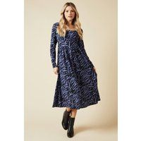 Womens Blue Zebra Seam Detail Long Sleeve Midi Dress