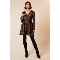 Womens Animal Ruffle Wrap Long Sleeve Mini Dress