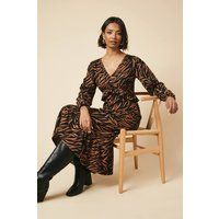 Womens Animal Tie Front Ruffle Bust Long Sleeve Midi Dress
