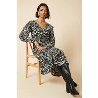 Womens Mono Animal Frill Shoulder Shirred Waist Long Sleeve Midi Dress