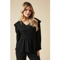 Womens Black Ruffle shoulder shirred waist long sleeve top
