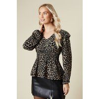 Womens Animal Ruffle shoulder shirred waist long sleeve top