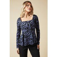 Womens Blue Zebra pleated front Peplum Long sleeve Top