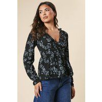 Womens Blue large floral Ruffle wrap long sleeve top
