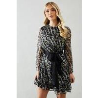 Wallis Womens Shift Dress Grey Petite Animal Print Belted 3/4 Sleeve