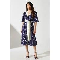 Coast Short Sleeve Satin Polka-Dot Wrap Dress, 8, Navy