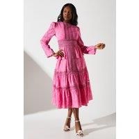 Coast Womens Midaxi Dress Berry Pink Jacquard Peplum Lace Trim Elegant Occasion