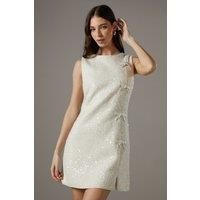 Sequin Boucle Shift Dress With Bows
