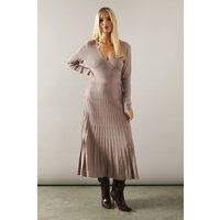Wallis Womens Midi Dress Mocha Petite Pleated Skirt Wrap Detail Knitted V Neck