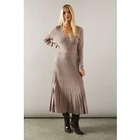 Wallis Womens Midi Dress Mocha Petite Pleated Skirt Wrap Detail Knitted V Neck