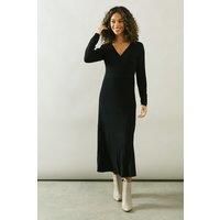 Wallis Womens Wrap Dress Pleated Skirt Long Sleeve Black Midi Casual