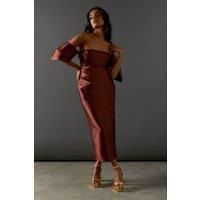Warehouse Womens Bardot Midi Dress Chocolate Structured Puff Sleeves Elegant