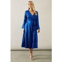 Wallis Womens A-Line Dress Cobalt Midi Petite Animal Satin Jacquard Wrap
