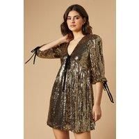 Oasis Womens Mini Dress Gold Sequin Velvet Bow Puff Sleeve Party Cocktail