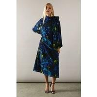Wallis Womens Midi Dress Navy Floral Print Tie Neck Georgette Petite Fit