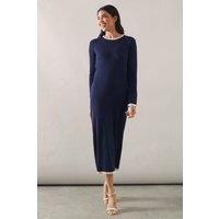 Wallis Womens Knitted Jumper Dress Navy Midi Long Sleeve Tipped Hem
