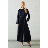 Wallis Womens Wide Leg Jumpsuit Navy Trumpet Sleeve Crepe Elegant One Piece