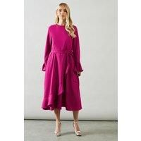 Wallis Womens A-Line Dress Magenta Midi Long Sleeve Petite Ruffle Belted