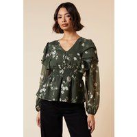 Womens Khaki Floral Shirred Waist Button Front Chiffon Long Sleeve Blouse