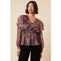 Womens Animal Shirred Waist Button Front Chiffon Long Sleeve Blouse