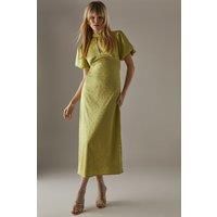 Rose Satin Jacquard Puff Sleeve Tie Back Midi Dress
