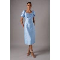 Textured Fitted Midi Dress With Puff Sleeve