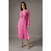 Lace Insert Long Sleeve Pleat Dress