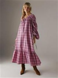 WAREHOUSE Gathered Channel Detail Check Midi Smock Dress 6