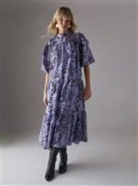 WAREHOUSE Organza High Neck Tier Midi Smock Dress 16