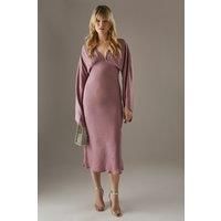 Flare Sleeve Plunge Satin Midi Dress