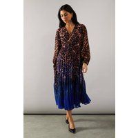 Womens Printed Blouson Sleeve Pleated Skirt Midaxi Dress