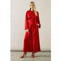 Petite Trumpet Sleeve Wide Leg Crepe Jumpsuit