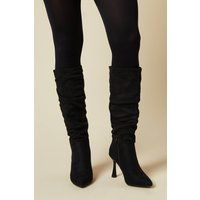Dorothy Perkins Womens Knee High Boots Black Faux Suede Ruched Stiletto Heel