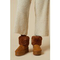 Womens Isabella Suedette Faux Fur Bow Detail Cosy Chunky Flatform Ankle Boots