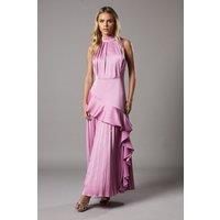 Petite Sleeveless Ruffle Pleat Satin Back Crepe Dress