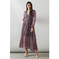 Wallis Womens Midi Dress Purple Elegant Paisley Print V Neck Cinched Waist