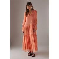 Premium Raw Edge Georgette Tiered Maxi Dress