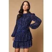 Oasis Womens Mini Dress Velvet Tiered Blouson Sleeve Navy Chiffon