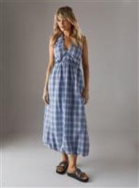 Check Halter Open Back Puff Ball Midi Sundress