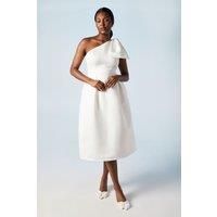 Statement Bow One Shoulder Bridal Midi Dress