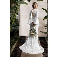 Oasis Women's Flare Sleeve Boho Stretch Lace Fishtail Wedding Dress in Ivory | Size: 12