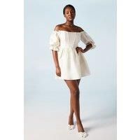 Off The Shoulder Puff Sleeve Jacquard Bridal Mini Dress