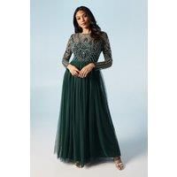 Pearl and Bead Embellished Long Sleeve Tulle Bridesmaids Dress
