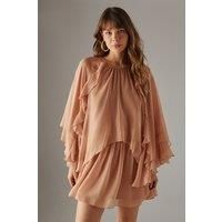 Chiffon Ruffle Flared Sleeve Mini Smock Cape Dress