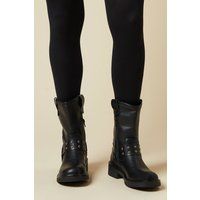Faith Womens Biker Boots Black Faux Leather Buckle Detail Mid Calf