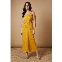 Oasis Jacquard Midi Cut Out Detail Dress, 14, Ochre