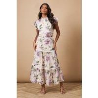Floral Printed Chiffon Lace Insert Dress