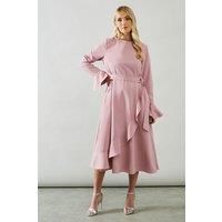 Petite Ruffle Front Belted Midi Dress