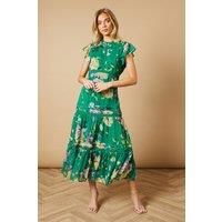 Floral Printed Chiffon Lace Insert Dress